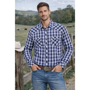 Rock & Roll Denim Mens Size Medium Navy Plaid cowboy button down pearl snap New